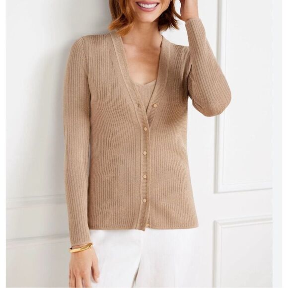 Talbots gold metallic ribbed vneck cardigan sweater m - Picture 1 of 10